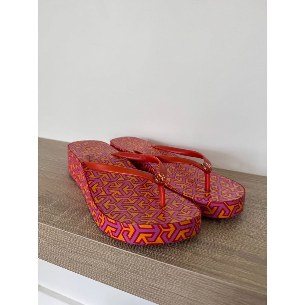 Tory Burch Wedge Flip Flop Sandals Orange Pink Geometric Logo Platform Women 7